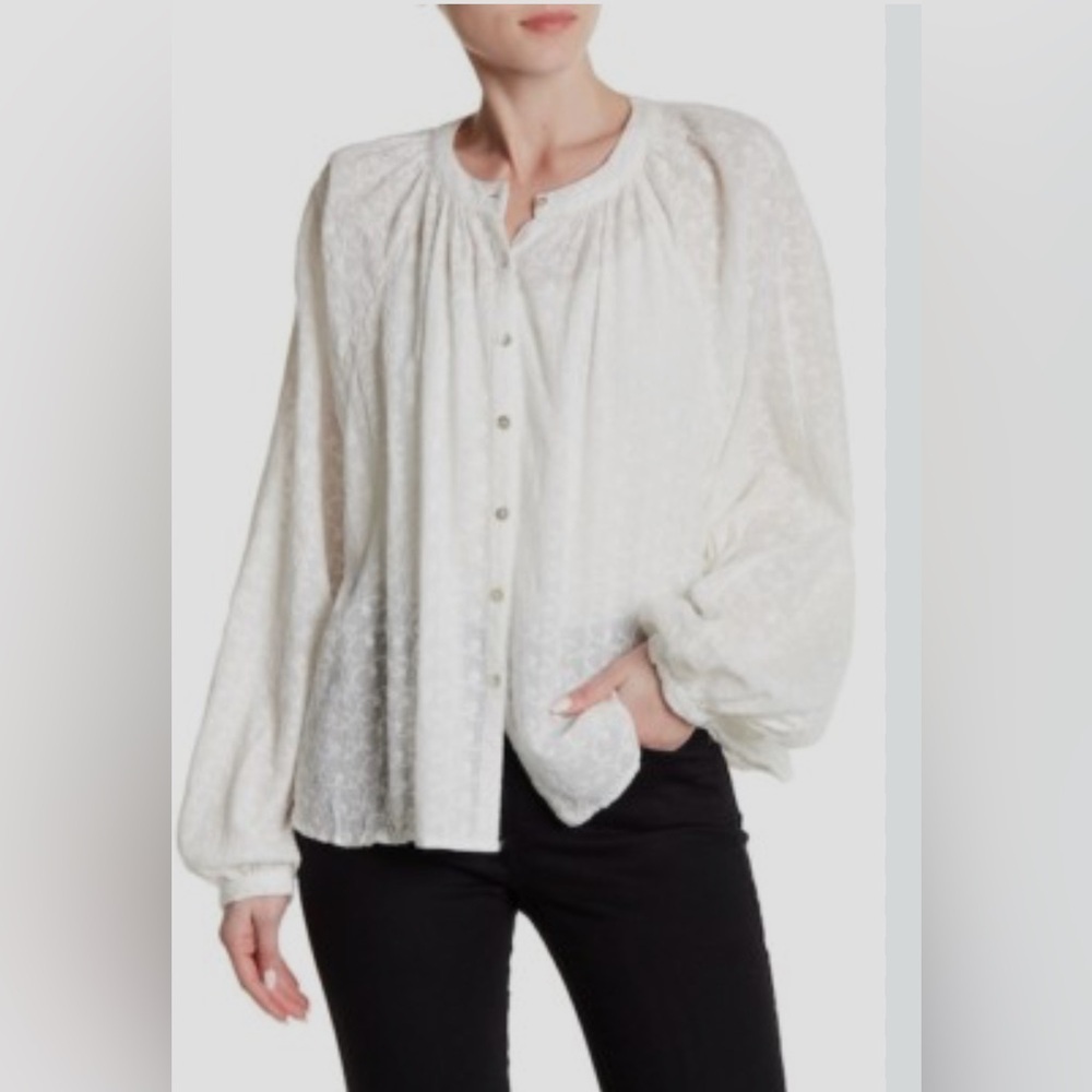 Free People Cottagecore Boho Cotton White Embroided Eyelet Blouse.  Size-Large